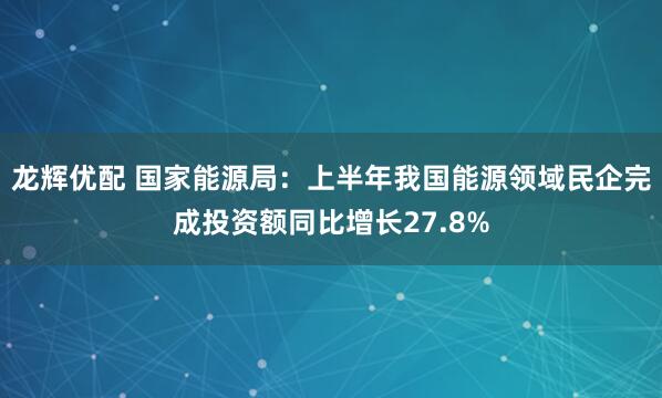 龙辉优配 国家能源局：上半年我国能源领域民企完成投资额同比增长27.8%